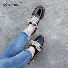 Baimier/черные женские оксфорды из лакированной кожи в стиле ретро; коллекция года; модная женская обувь на платформе со шнуровкой и надписью; невысокие плоские туфли для женщин