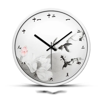 

12/14 Inch Chinese Style Wall Clock Vintage Ink Lotus Fish Pattern Metal Needle Quiet Hanging Clocks for Home Wall Decoration