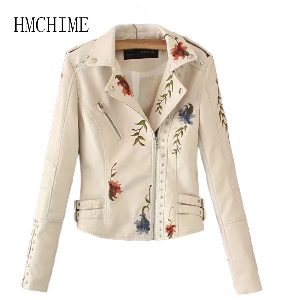 Embroidery Floral Women Faux Leather Jacket Slim Basic