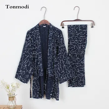 

Pajamas For Men Spring 100% cotton kimono trousers sleepwear Pajama Set Geometric patterns pyjamas Men kimono