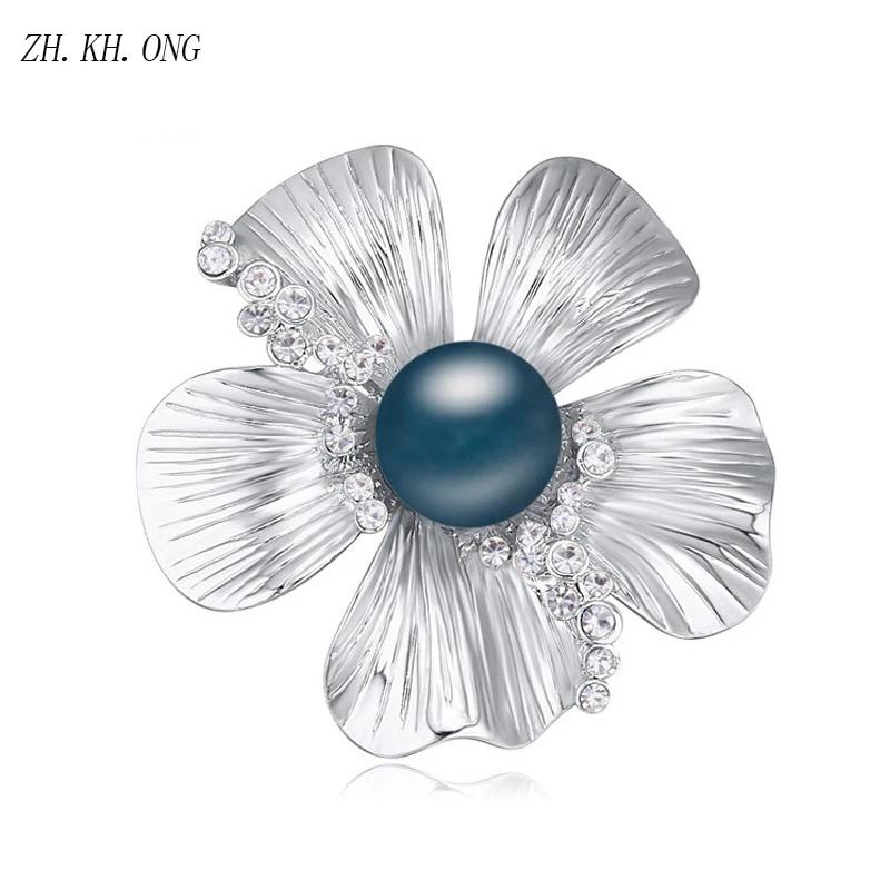 ZH.KH.ONG Vintage Style Imitation Pearl Flower Brooch Elegant White Rhinestones Brooches and Pins for Women jewelry X51 | Украшения и
