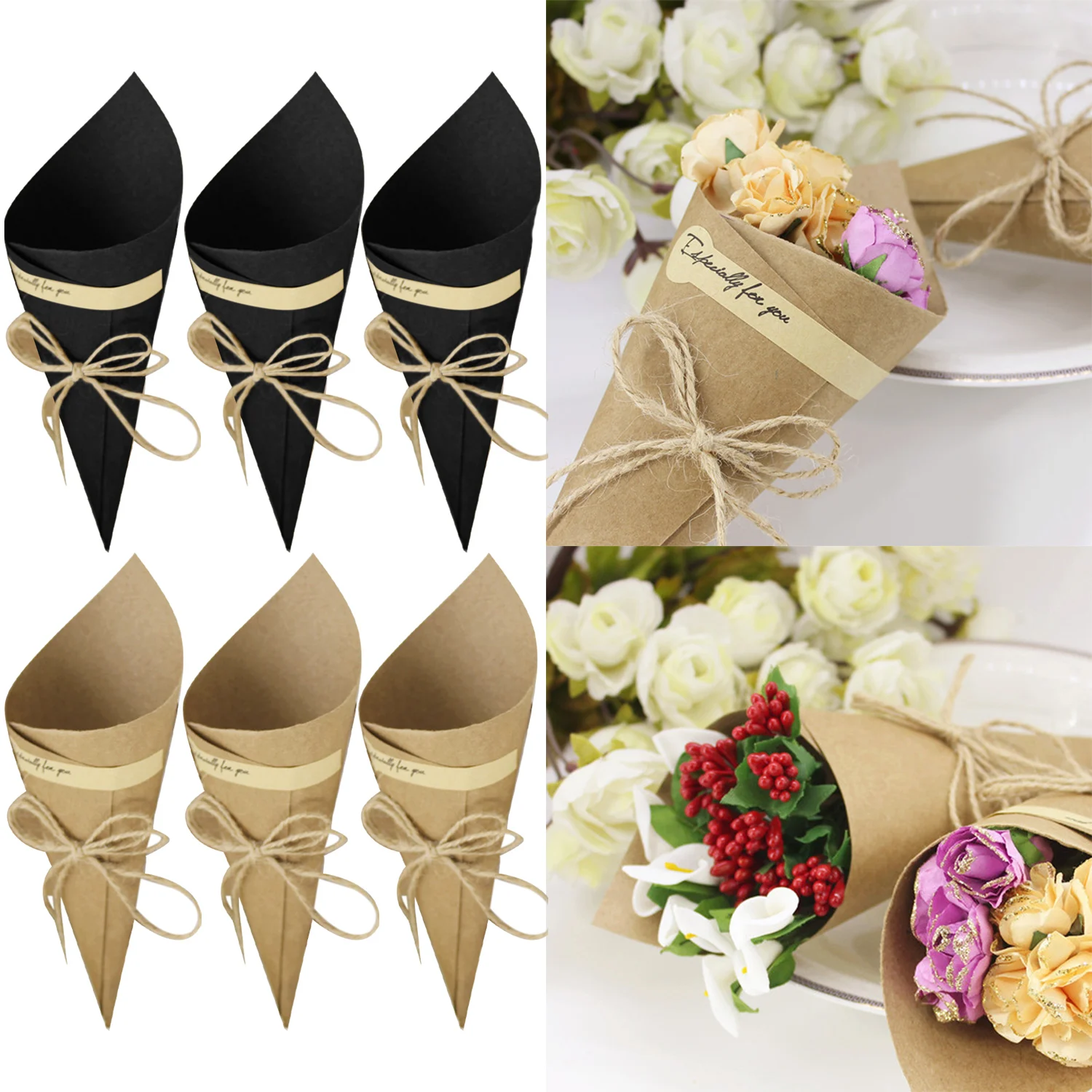 

Behogar 50Pcs DIY Handmade Cones Kraft Papers Chirstmas Wedding Candy Flowers Decorative Cones Paper Flowers Cone Kraft Papers
