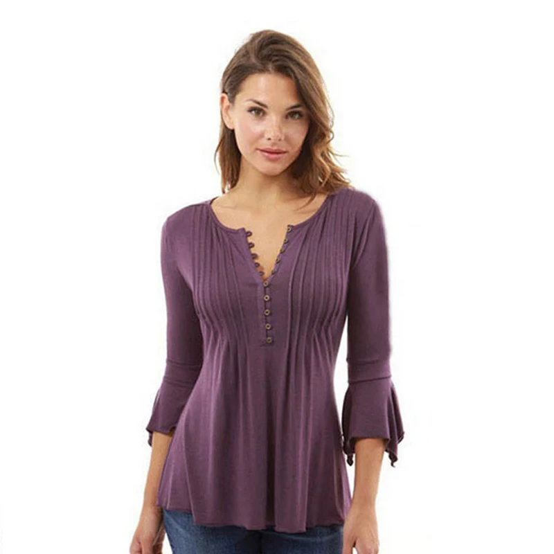

Korea Style Women Slim Blouse Elegant Ruffles Tops Flare Sleeve Solid Casual Loose Shirt Blusas Feminina