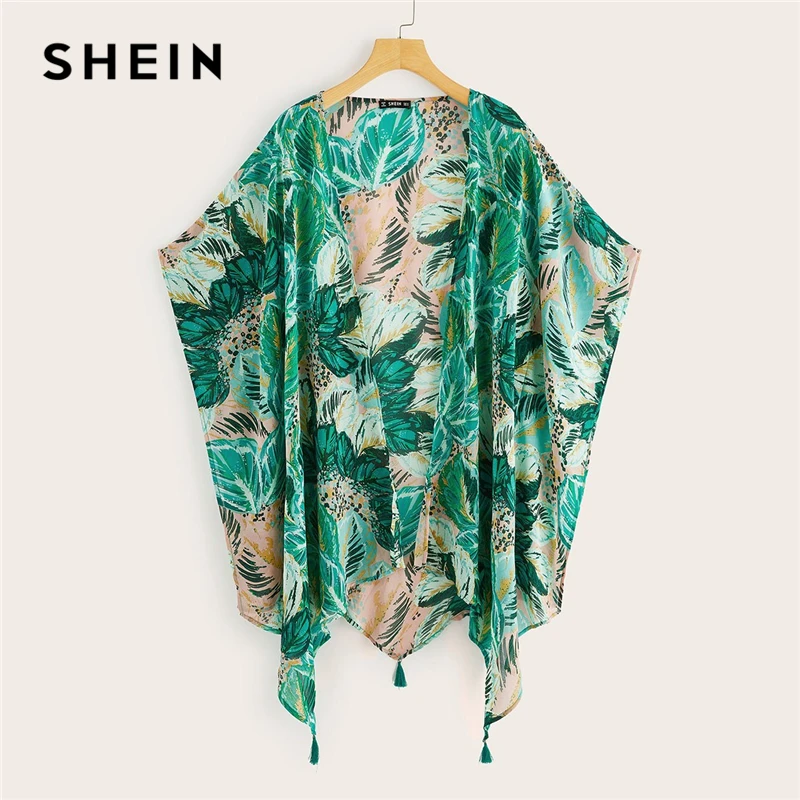 

SHEIN Boho Multicolor Tropical Asymmetrical Hem Tassel Detail Kimono Cardigan Women Summer Batwing Sleeve Vacation Beach Kimonos