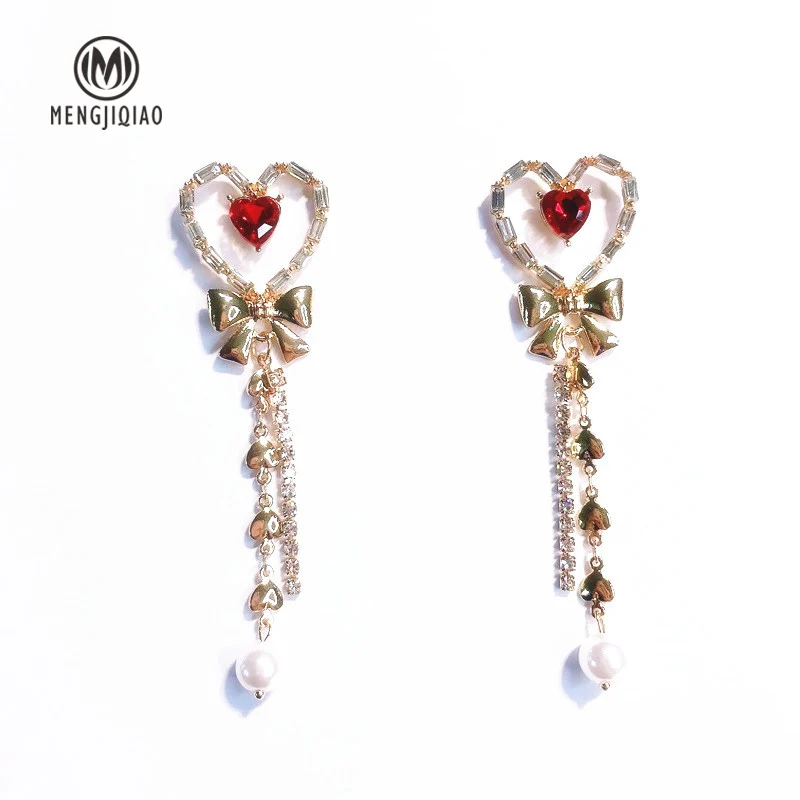 

MENGJIQIAO 2018 Korean New Shiny Crystal Big Heart Bowknot Long Pendientes Mujer Moda Bijoux Rhinestone Tassel Earrings Brincos