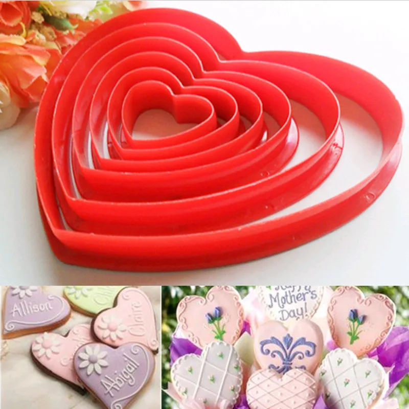 

6pcs/set Heart Shaped Plastic Cake Mold Cookie Cutter Biscuit Stamp Fondant Sugar Craft Pastry Cake Decorating Tools