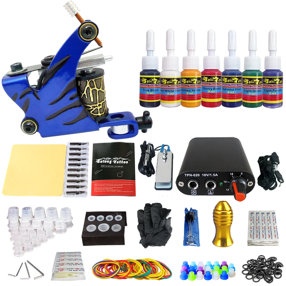 

Hybrid Complete Tattoo Coil Machine Kit For Liner Shader Power Supply Foot Pedal Needles Grip Tips Tattoo Body&Art TK105-7