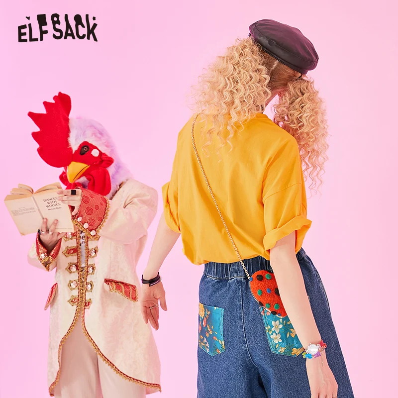 ELFSACK новинка свободная Корейская женская хлопковая повседневная черная футболка