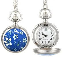 Moda Vintage de las mujeres reloj de bolsillo aleación azul patrón de flores de mujer chica suéter cadena collar reloj colgante regalos le - 17
