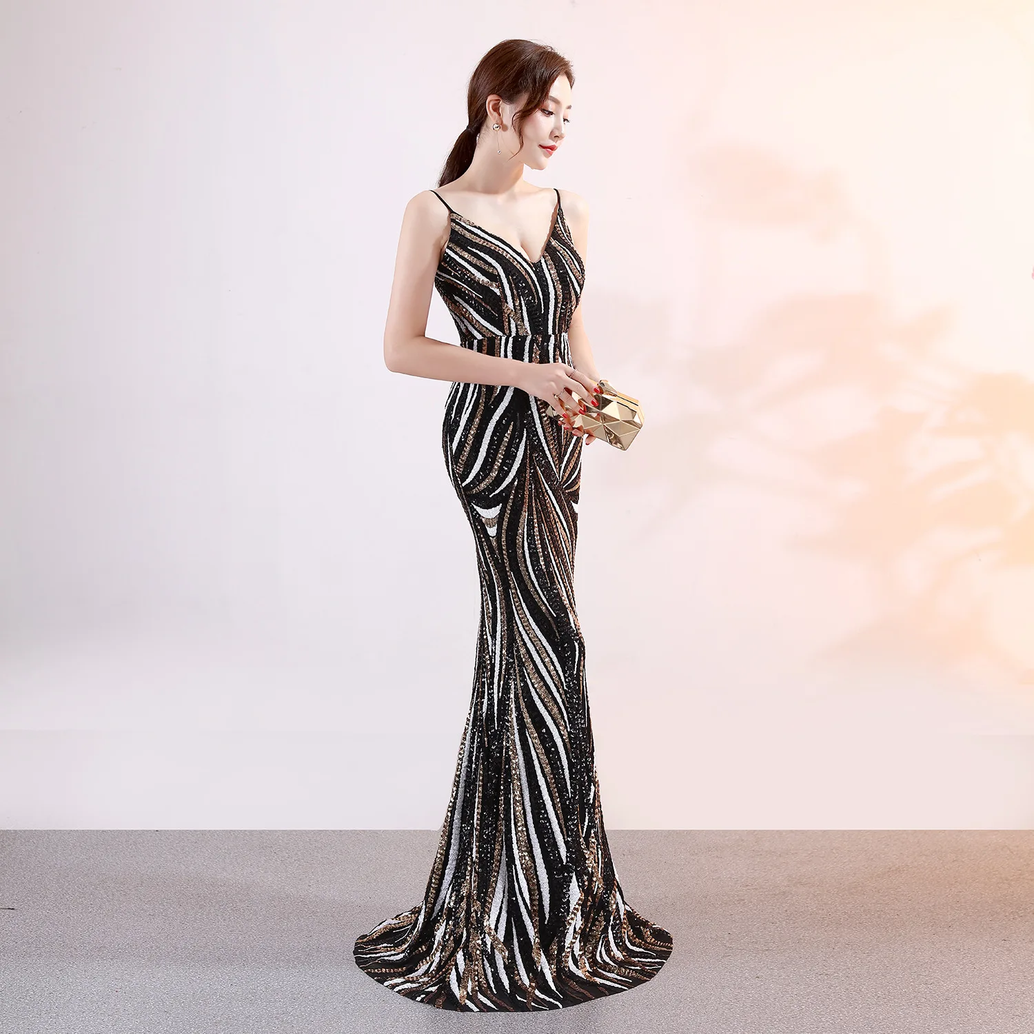 Длинные полосатые вечерние платья с пайетками контрастного цвета, вечерние платья для выпускного вечера на бретельках, Женское Платье de soiree Vestido CX SHINE