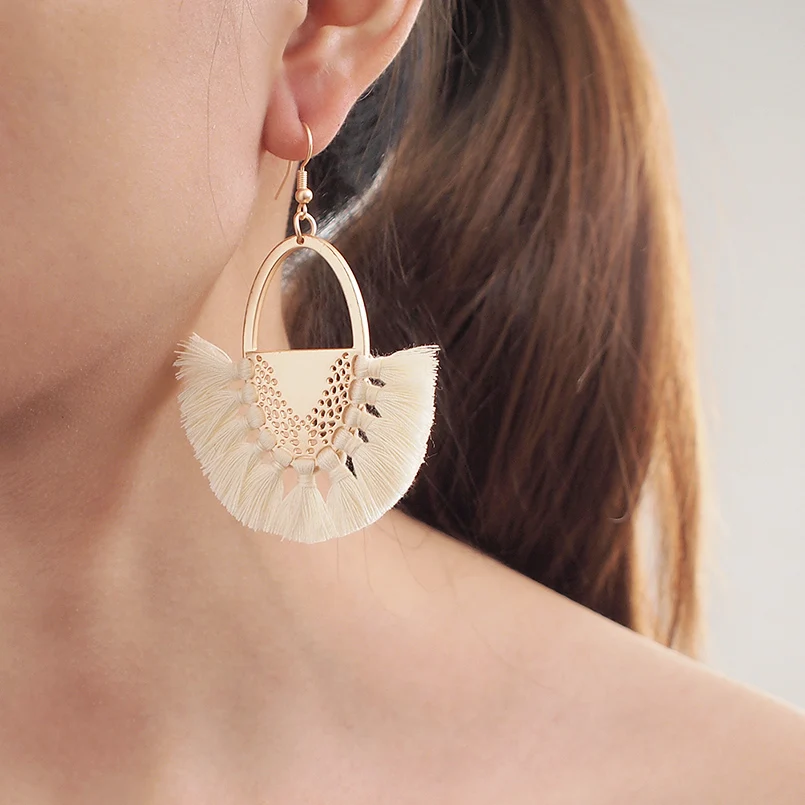 MANILAI Bohemia Handmade Tassels Earrings For Women Cotton Thread Alloy Statement Fringe Dangle Earrings Ethnic Jewelry