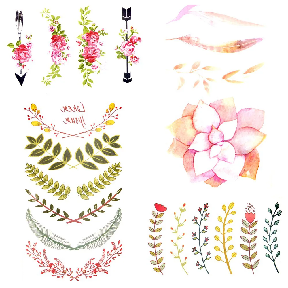 

10.5x6CM Watercolor Lotus Flower Leaf Temporary Tattoo Sticker Small Pink Feather Body Art Flash Tattoo Girl Finger Tatoo Women
