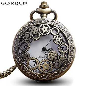 

Antique Bronze Gear Steampunk Vintage Hollow Quartz Pocket Watch Necklace Chain Pendants Clock For Men Women Gift