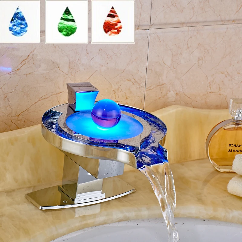 Led Light Bathroom Faucet Brass Chromed Waterfall Bathroom Basin Faucets 3 Colors Change Water Power Basin