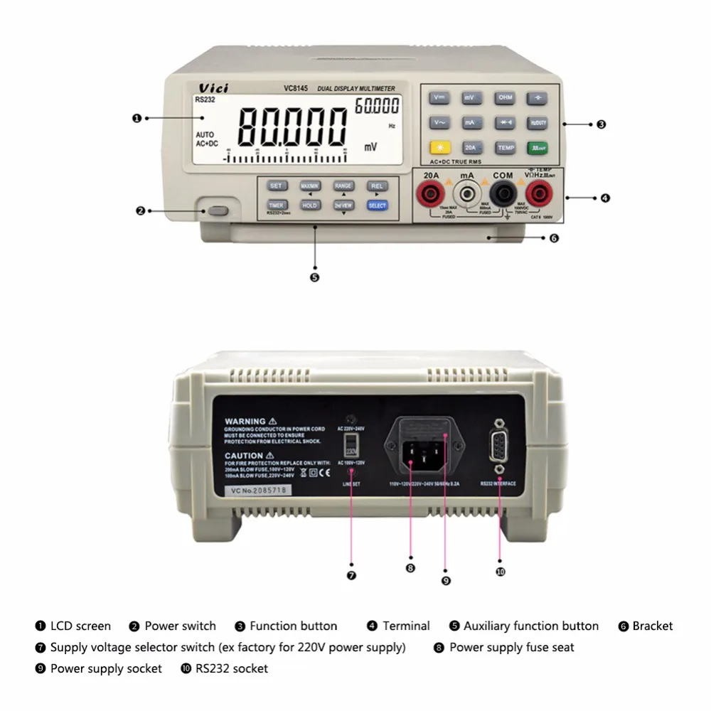 VC8145 VC8045 Настольный верхний мультиметр 1000 в 20A Цифровой мультиметр автоматический диапазон Multimetro Цифровой вольтметр Ом DCV/ACV/DCA/ACA