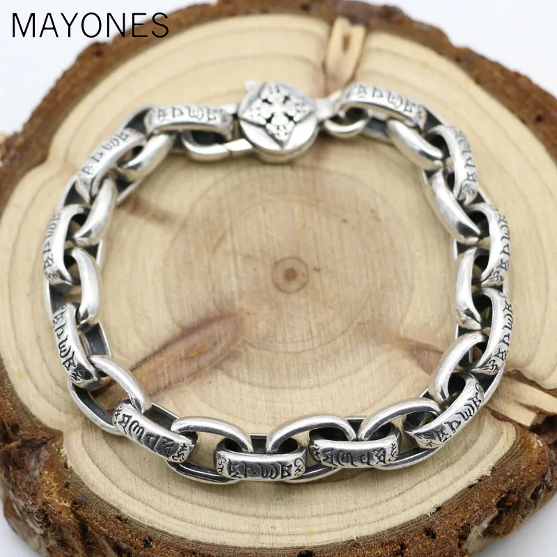 

8mm Authentic S925 Sterling Silver Men And Women Retro Thai Silver Six Words Bracelets Fashion People Punk Bracelet