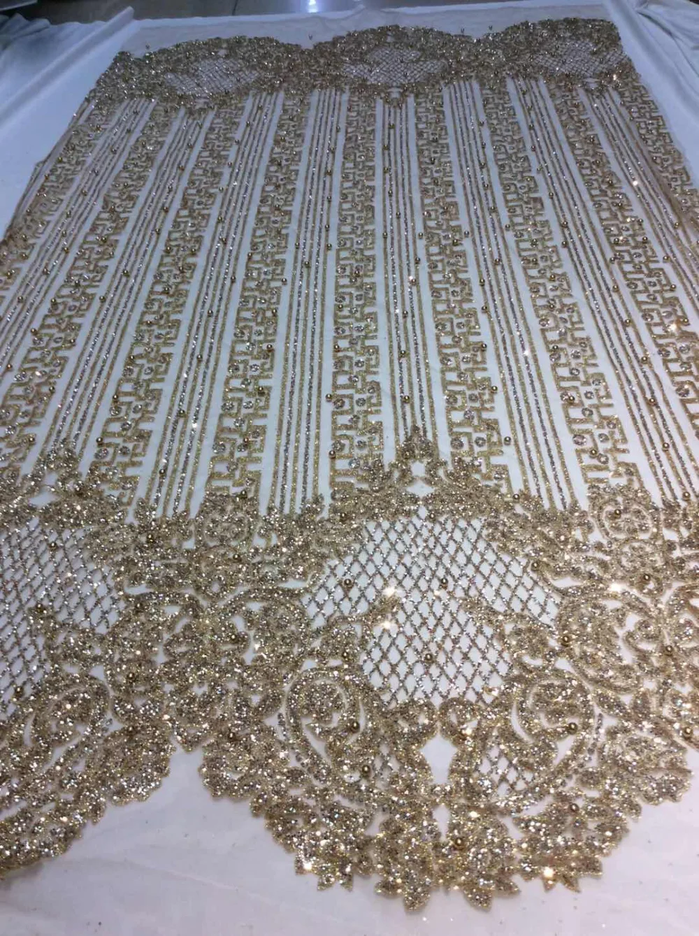 

ap216# 5 yards champagne gold pearls sparkly hand print glued glitter net tulle mesh sugar lace fabric for sawing dress