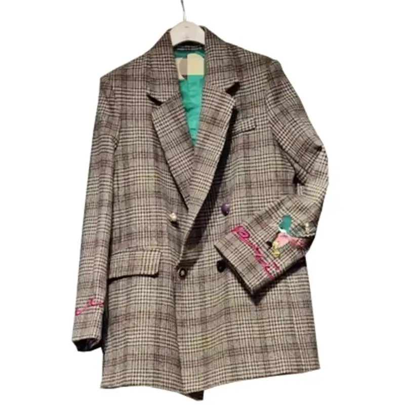 

New Women Plaid Blazers Suit Ladies Autumn Embroidery In Long Paragraph Loose Retro Plaid Woolen Suit Jacket Female Plaid Blazer