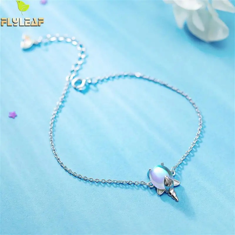 

Flyleaf 925 Sterling Silver Bracelets For Women Cute Rainbow Unicorn Natural Moonstone Fashion Fine Jewelry Bracelets & Bangles