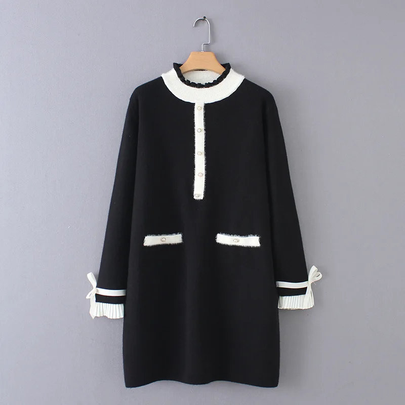 

Runway Designer Bow Button Dress Women Robe Sweet 2018 NEW Autumn Winter Dress Ruffle Knit Vestido Luxury Pullover Long Sleeve