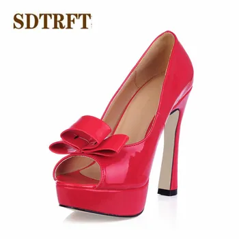 

SDTRFT Plus:35-40 Stilettos zapatos Crossdresser 130mm Thick heels ladies Peep Toe shoes woman Platforms Sweet Bowtie pumps