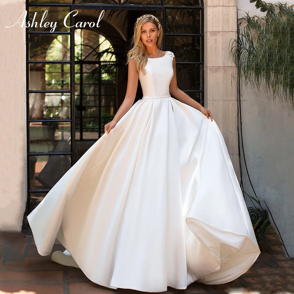 Ashley Carol элегантное атласное свадебное платье с открытой спиной с аппликацией без рукавов со шлейфом трапециевидной формы простое платье принцессы, невесты - Цвет: Слоновая кость