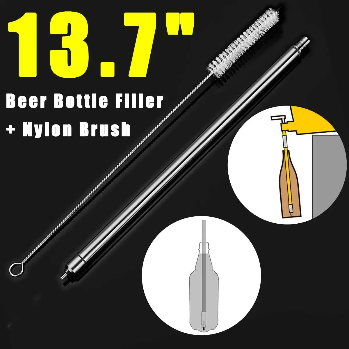 

13.7" Length Home DIY Brewing Stainless Steel Wine Beer Bottling Length Spring Loaded Beer Bottle Filler+Nylon Cleaning Brush