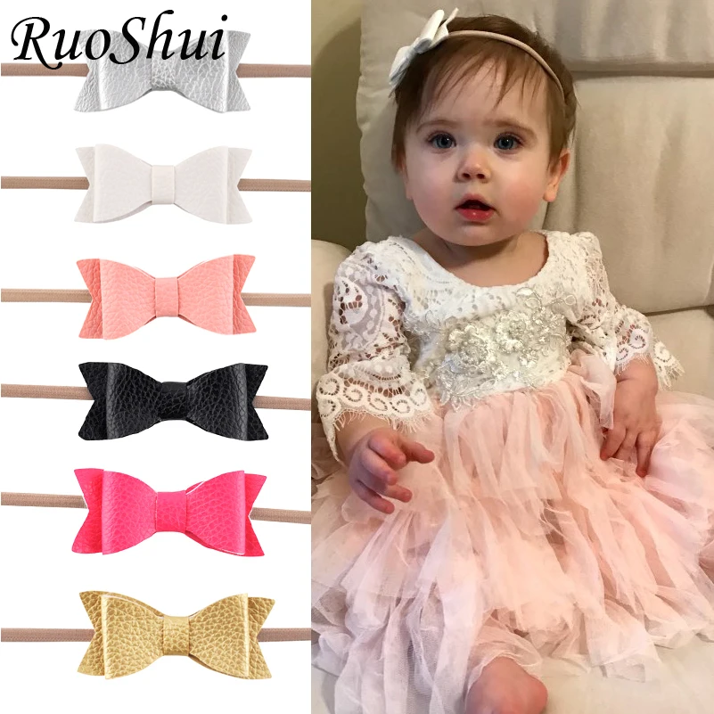 

Newborn Girls Nylon Headband Leather Hair Bows Bowknot Headwear For Kids Children Hair Accessories Boutique Elastic Hair Band