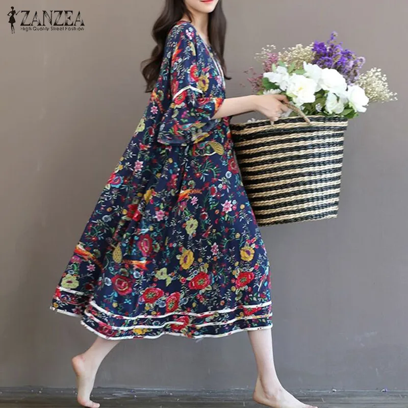 ZANZEA/2017 женское винтажное платье до середины икры с цветочным принтом, элегантные женские повседневные свободные платья с круглым вырезом и