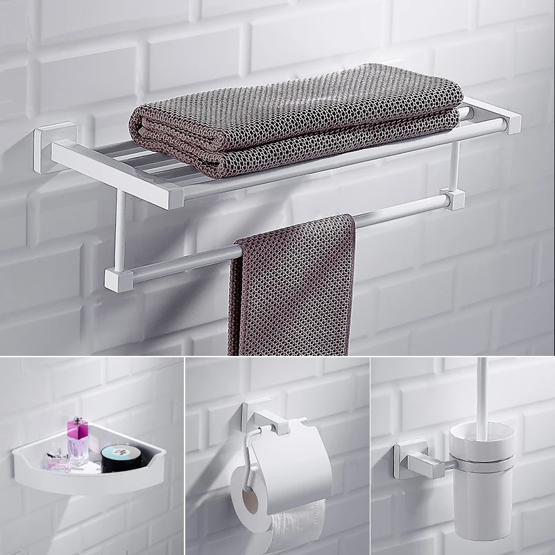 

5-pcs White Bathroom Hardware Accessories Set Nordic Toilet Brush Holder Towel Bar Corner Shelf Wall Hanging Stainless Steel