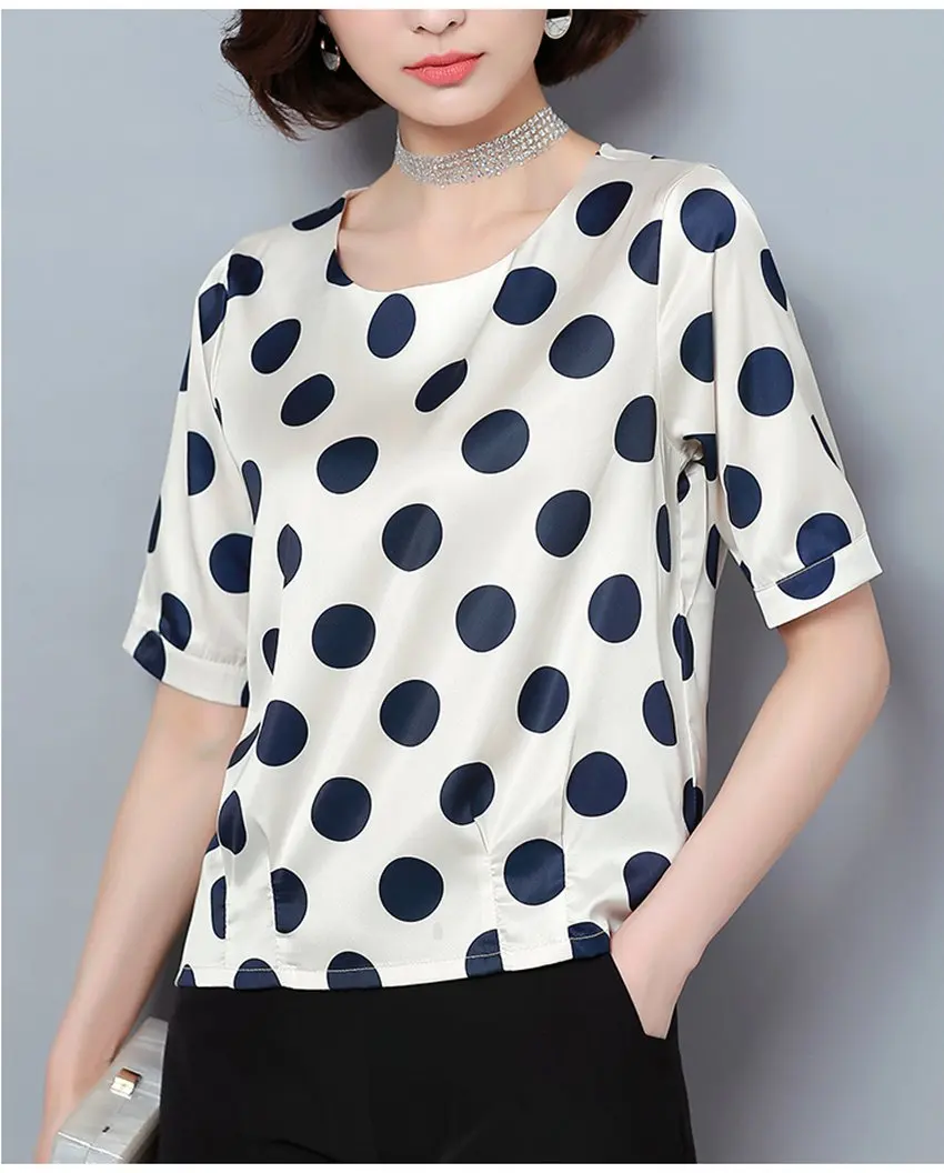 SEXMKL Womens Chiffon Blouses Summer Fashion Casual Silk Blouse Sexy Tops Office Ladies Shirts White Polka Dot Blouse Top