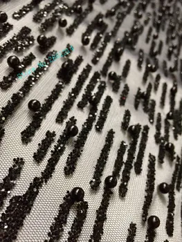 

BZL-35721 special tulle lace fabric with black beads shinny glued glitter for party dress african tulle net lace fabric