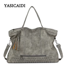 Famosa Marca Remache de gran Capacidad Mujeres Bolsa de Hombro de La Borla de La Pu de Cuero Bolso de La Manera Femenina Grande de Asas Casual