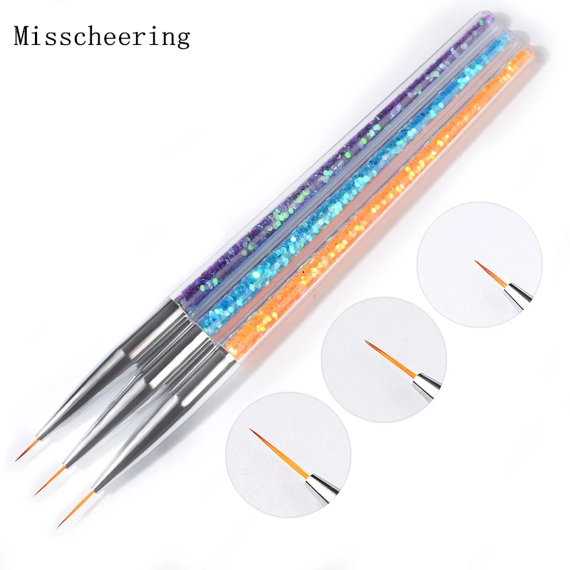  3 Pcs/Set Nail Design Brushes Drawing Pen Glitter Handle 7/9/11mm For DIY Flowers Liner UV Gel Poli