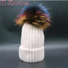 Женский Цветной помпон из меха енота для девочек, женская шапка, модный толстый супер теплый вязаный зимний Gorro широкий берет-Боб