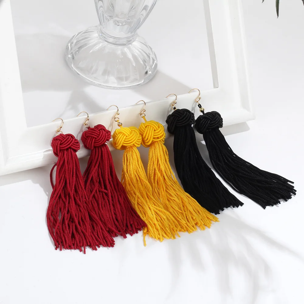 2019 Boho Ethnic Tassel Dangle Earrings For women Black Red Yellow Green Pink Long Cotton Drop Ear hook statement Jewelry