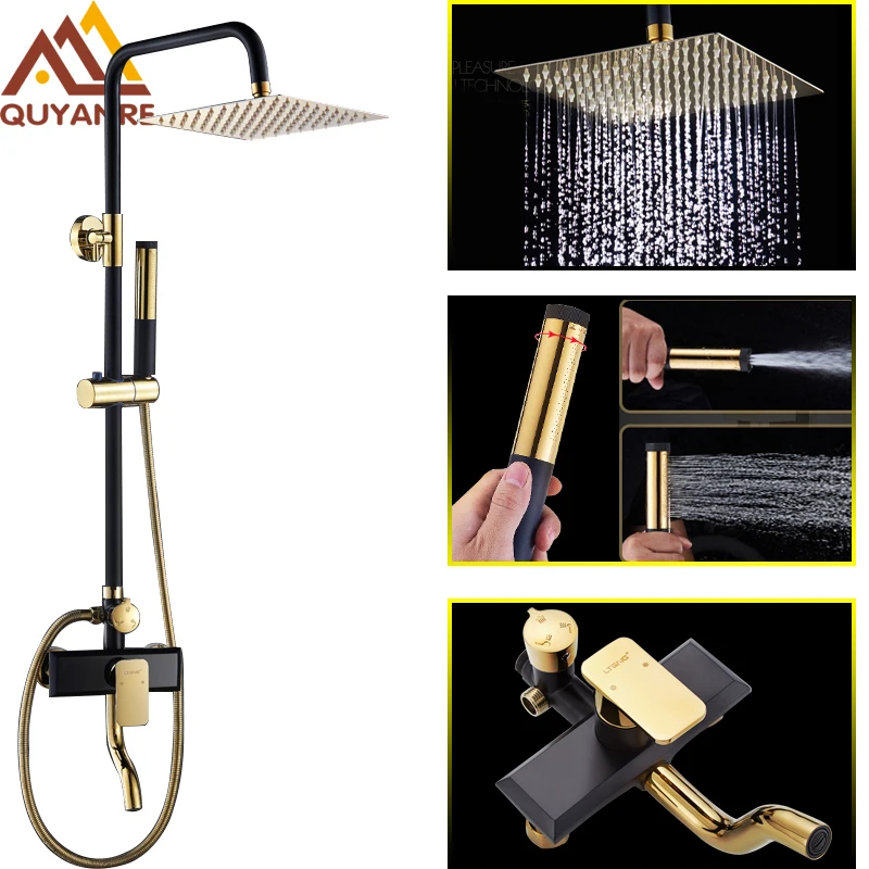 

Quyanre Black Golden Shower Faucets Set Rainfall Shower Head Spray Bidet Handshower Single Handle Mixer Tap Bath Shower