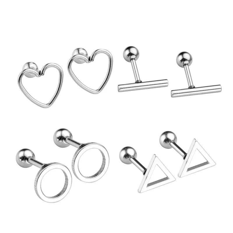 

2017 JOVIVI 8pc Stainless Steel Hollow Round/Triangle/T Bar/Heart Barbell Cartilage Tragus Helix Stud Earrings 16 Gauge 1/4" Bar