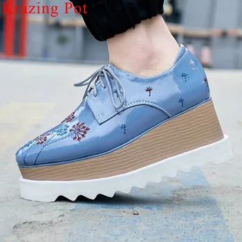 

Krazing Pot new flowers embroidery wedges thick bottom Punk European style lace up pretty girls square toe large size pumps L09