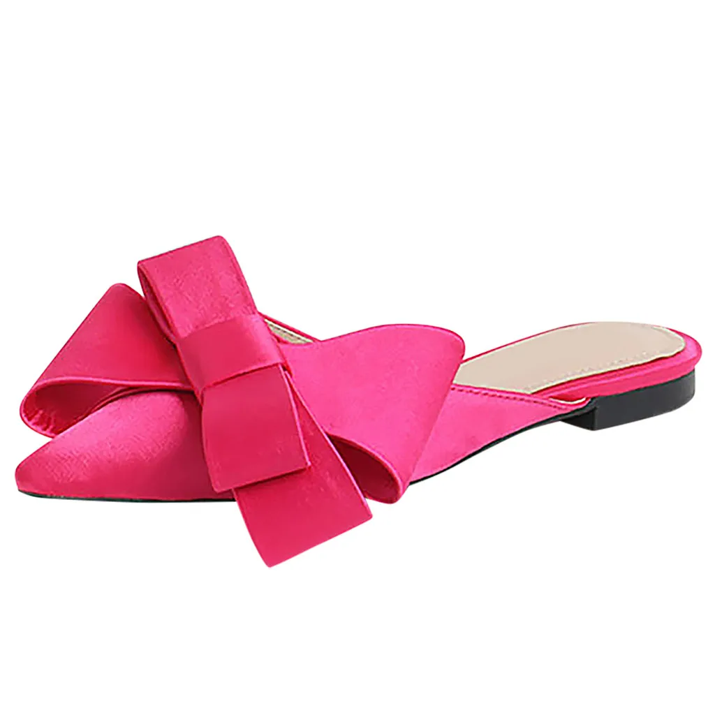 JAYCOSIN/ г.; женская обувь; милая обувь; женская обувь с острым закрытым носком на плоской подошве; однотонные Повседневные тапочки с бантом; простая удобная обувь - Цвет: Hot Pink