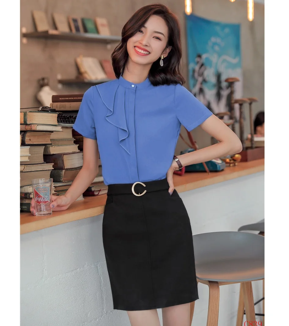 New 2019 Ladies Blue Blouses Women Business Suit 2 Piece Skirt and Top
