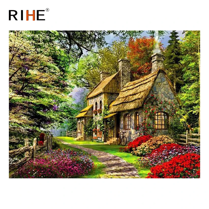 

RIHE Suburb House Diy Painting By Numbers Abstract Forest Oil Painting On Canvas Cuadros Decoracion Acrylic Wall Picture 2018