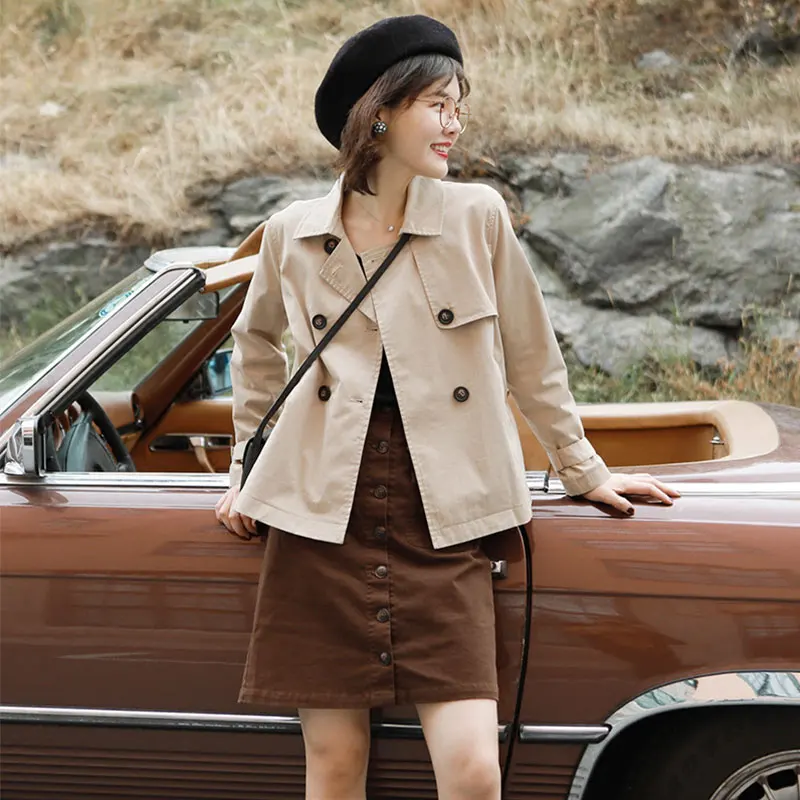 

2019 Autumn New Women's Trench Korean Fashion Temperament Personality Solid Color Short Paragraph Female Trench Long Sleeve 90s