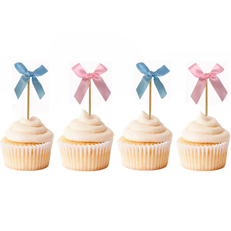 

12pcs Bow Wedding Cupcake Toppers Food Picks Pink Blue Bridal Shower Decorations Supplies Party Bachelorette Favor Accessory