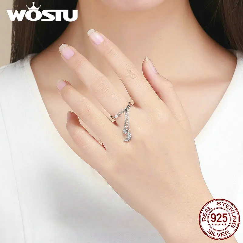 WOSTU, празднование Луны и звезды, цепочка, звено, кольцо, 925 пробы, серебро, регулируемые кольца, прозрачный CZ палец для женщин, ювелирное изделие FIR407