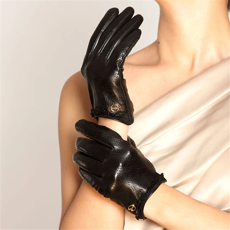 Новинка, женские перчатки, дышащие, натуральная кожа, черные, одноцветные, короткие, на запястье, с кружевом, овчина, модные перчатки, распродажа EL006NN