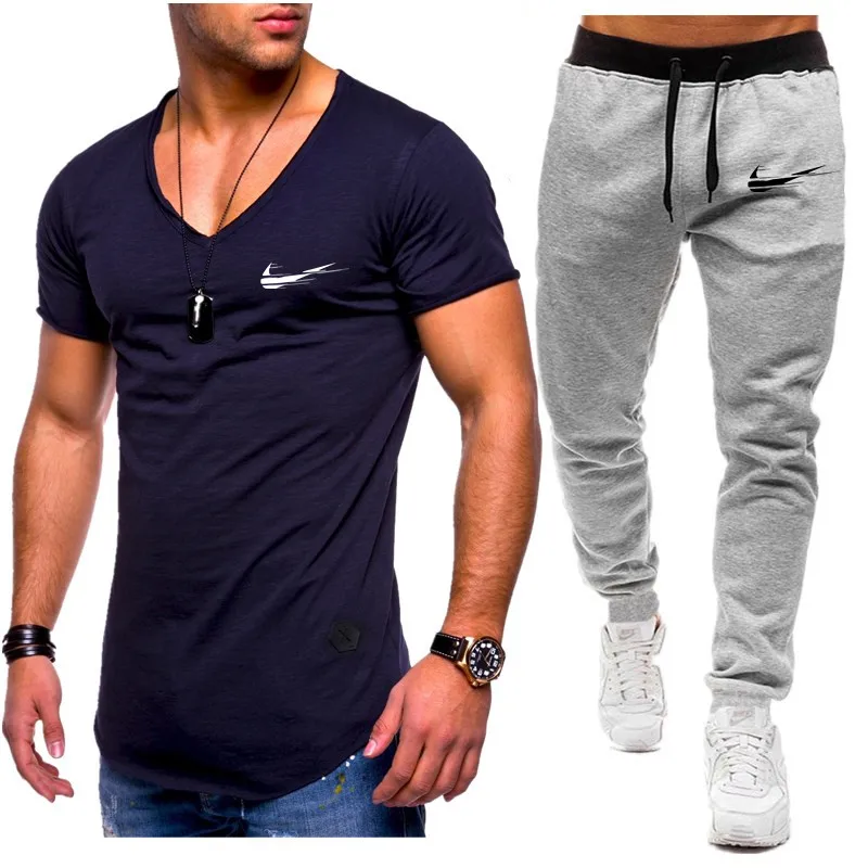 Homens de Moda Duas pechas Define t+ calchas Terno Homens Verao топы, футболки Marca de Moda impresssano Camiseta de Alta Qualidade spor