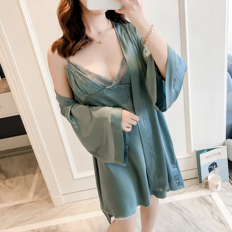 

NEW Lounge Nightwear Home Clothes Deep V-Neck Female Nighty&Robe Set Rayon 2PCS Sleepwear Sexy Bride Bridesmaid Dressing Gown