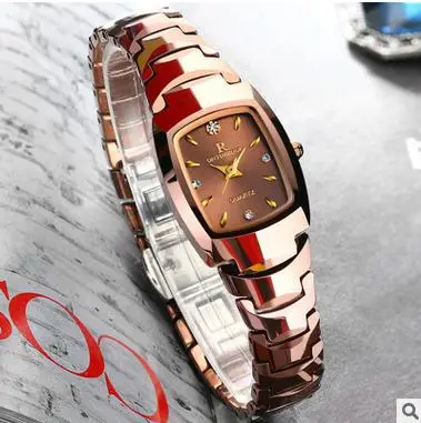 Женские кварцевые часы из розового золота, женские квадратные наручные часы из вольфрамовой стали, водонепроницаемые Роскошные часы с бриллиантами, швейцарский бренд ONTHEEDGE - Цвет: Rose gold 1