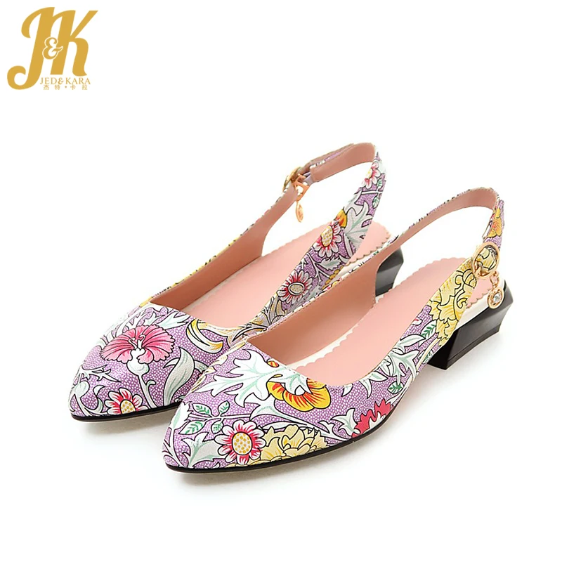 

J&K Big Size 33-43 Brand Floral Print Summer Sandals for Women Shoes Back Strap Chunky Heels Pointed toe Casual Sandals Woman